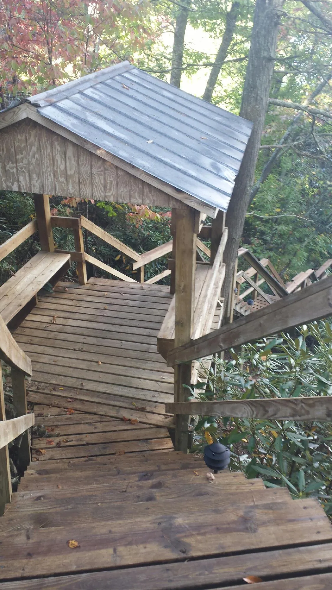 Metal roofed shelter over wooden steps on a wooded walkway — Skylight Repair & Installation work by our crew in Mill Neck
